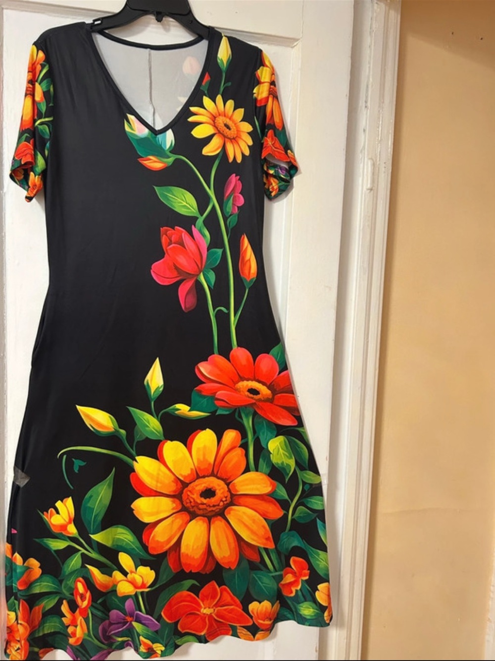 Black Midi Dress with Bright Floral Print